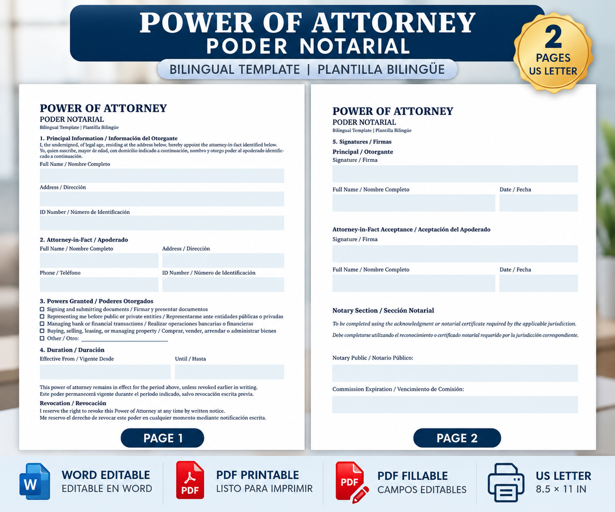 Power of Attorney / Poder Notarial Bilingüe – Plantilla Editable + PDF