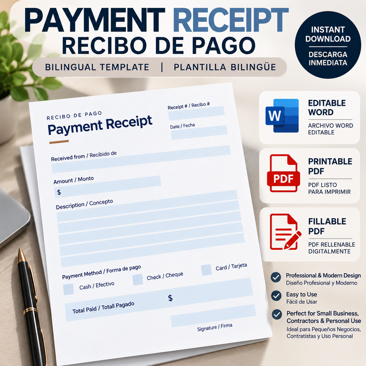 Recibo de Pago Bilingüe | Payment Receipt – Editable + PDF