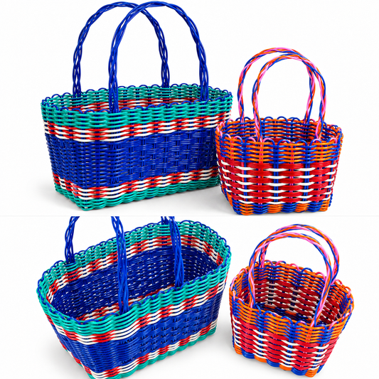 Set de 2 Canastas Tejidas Multicolor con Asas – Grande y Pequeña