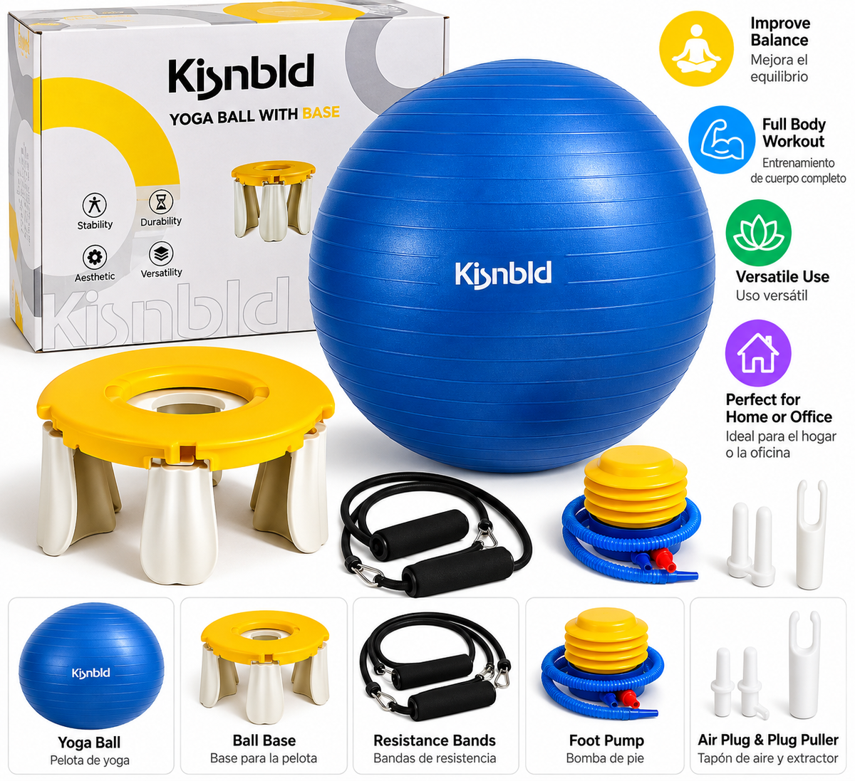 Pelota Kisnbld Yoga Ball with Base – Complete Exercise Kit